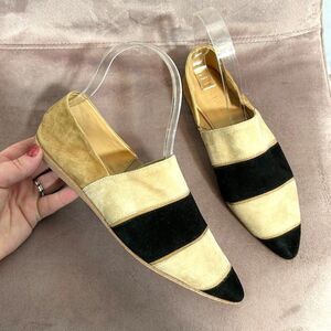 Vic Matie Suede Leather Point Toe Flats 35 US 5 Black Tan Stripe Slip On